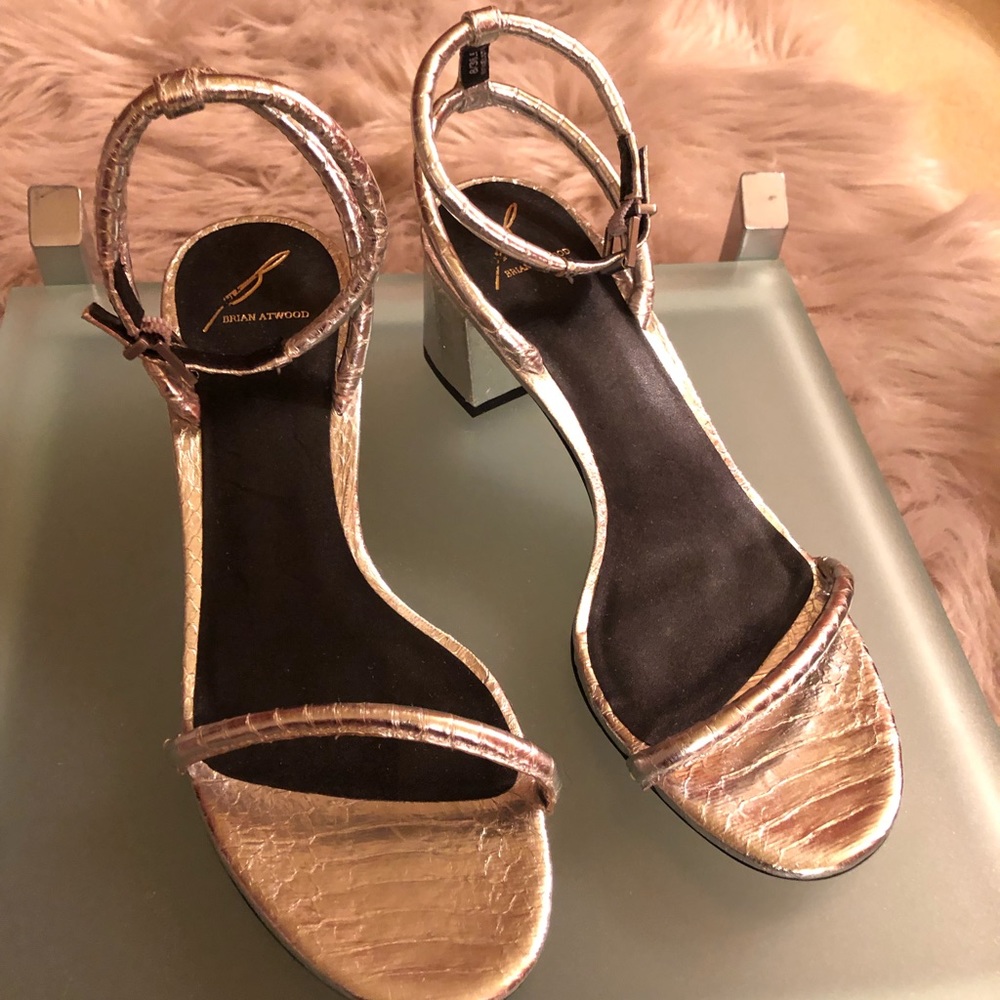 Brian Atwood snakeskin embossed, silver sandal.
